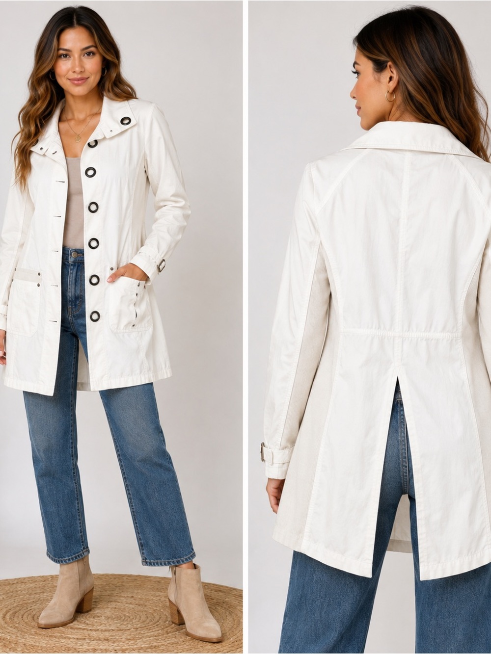 Free People Ivory Utility Jacket Longline Cotton Coat w/ Grommet Buttons